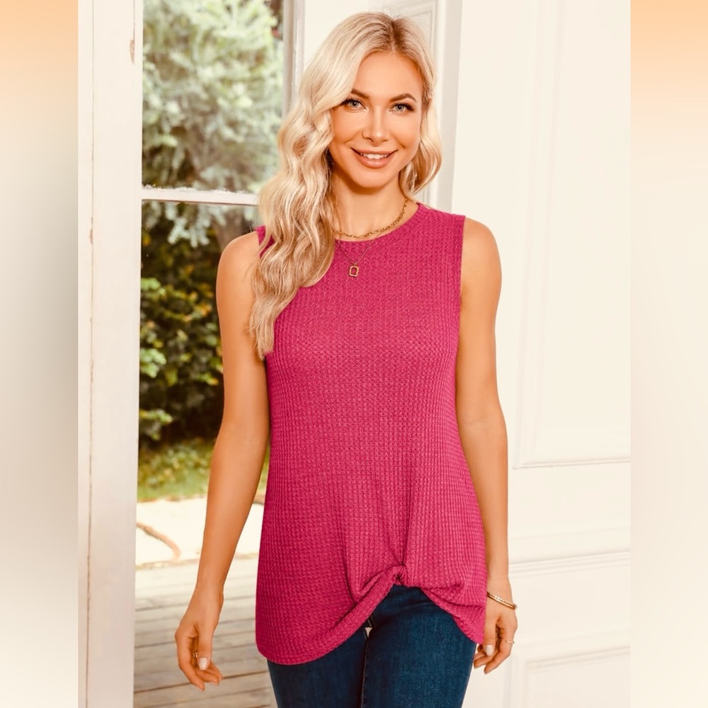 Miholl pink waffle knit twist knot sleeveless lightweight top